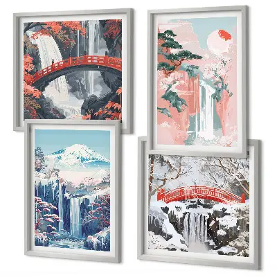 Waterfalls, mountains, bridge, and trees wall art set set of 4 pieces