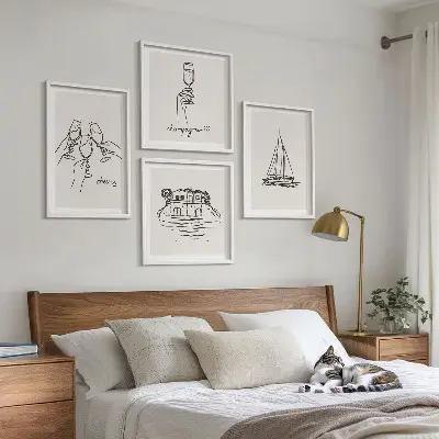 Wall art set house on the water with sailboat