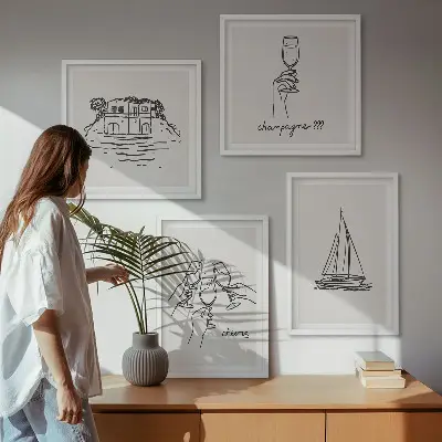 Wall art set house on the water with sailboat