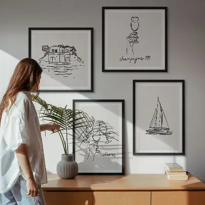 Wall art set house on the water with sailboat