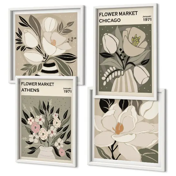 Retro florals wall art set of 4 pieces featuring different cities