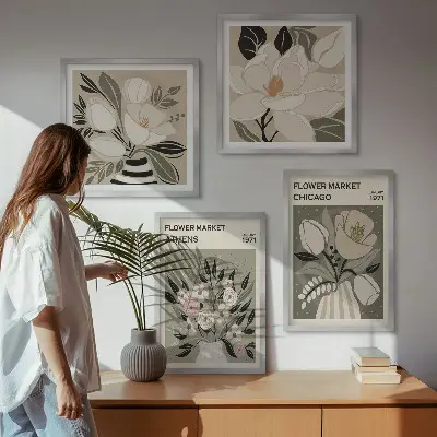 Retro florals wall art set of 4 pieces featuring different cities