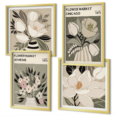 Set of 4 wall art pieces Retro florals from different cities