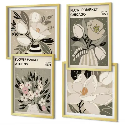 Retro florals wall art set of 4 pieces featuring different cities