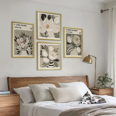 Retro florals wall art set of 4 pieces featuring different cities