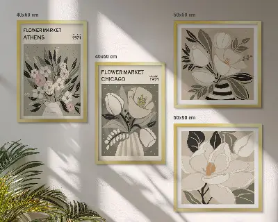 Retro florals wall art set of 4 pieces featuring different cities