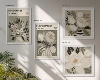 Retro florals wall art set of 4 pieces featuring different cities