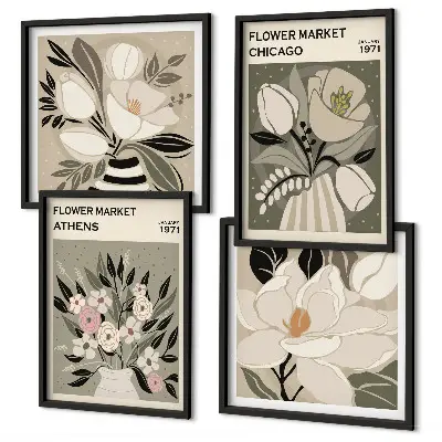 Retro florals wall art set of 4 pieces featuring different cities