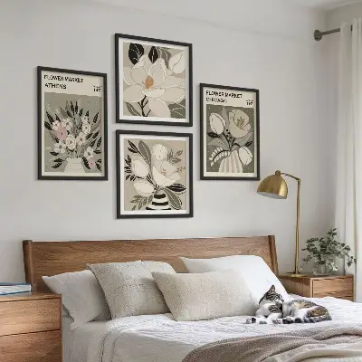Retro florals wall art set of 4 pieces featuring different cities