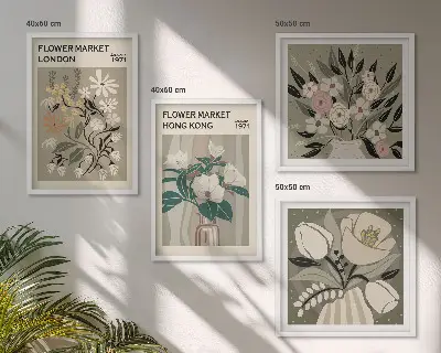 Floral illustrations wall art set London and Hong Kong, multi-piece