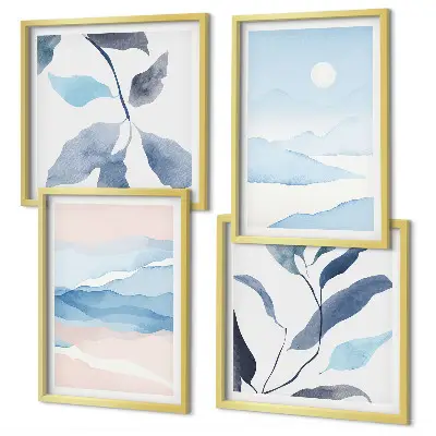 Multi-piece wall decor set mountain landscapes with watercolor plants