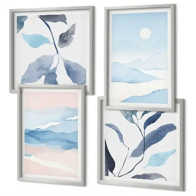 Multi-piece wall decor set mountain landscapes with watercolor plants