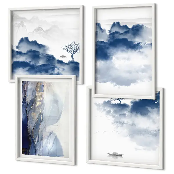 Multi-piece wall decor set featuring a mountain landscape with clouds trees and birds