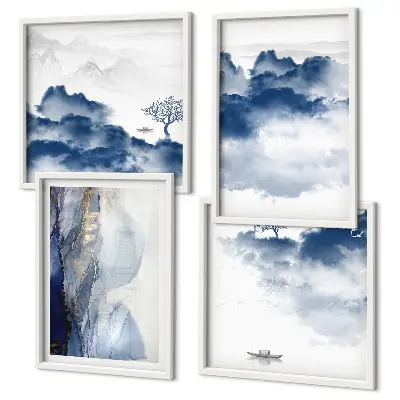 Multi-piece wall decor set featuring a mountain landscape with clouds trees and birds