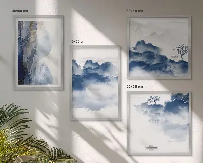 Multi-piece wall decor set featuring a mountain landscape with clouds trees and birds