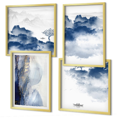 Multi-piece wall decor set Mountains clouds trees birds background