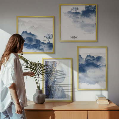 Multi-piece wall decor set Mountains clouds trees birds background