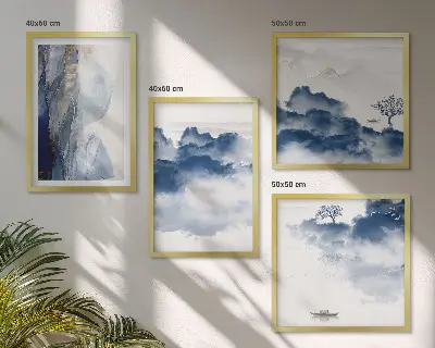 Multi-piece wall decor set featuring a mountain landscape with clouds trees and birds