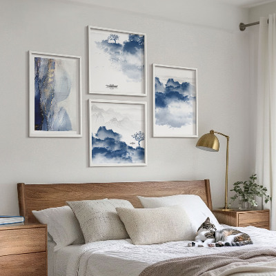Multi-piece wall decor set Mountains clouds trees birds background
