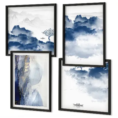 Multi-piece wall decor set featuring a mountain landscape with clouds trees and birds