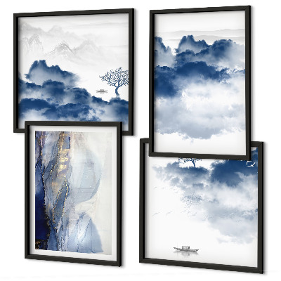 Multi-piece wall decor set Mountains clouds trees birds background