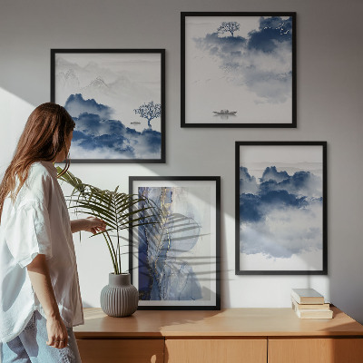 Multi-piece wall decor set Mountains clouds trees birds background