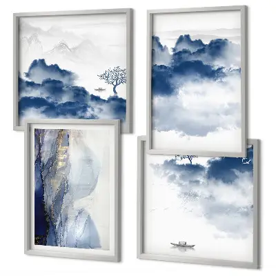 Multi-piece wall decor set featuring a mountain landscape with clouds trees and birds