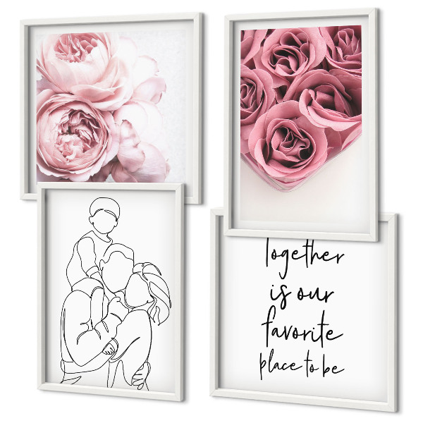 Set of 4 wall art pieces Family line-art rose bouquets