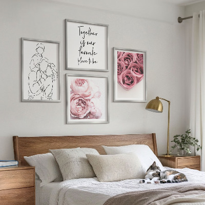 Set of 4 wall art pieces Family line-art rose bouquets
