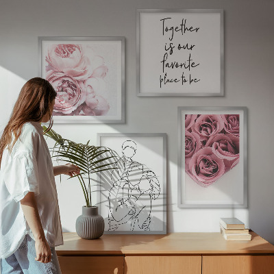 Set of 4 wall art pieces Family line-art rose bouquets