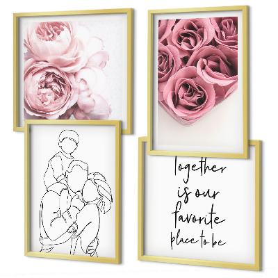 Set of 4 wall art pieces Family line-art rose bouquets