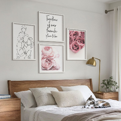 Set of 4 wall art pieces Family line-art rose bouquets