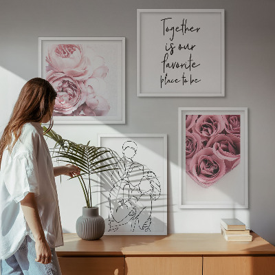Set of 4 wall art pieces Family line-art rose bouquets