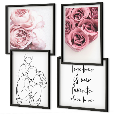 Set of 4 wall art pieces Family line-art rose bouquets