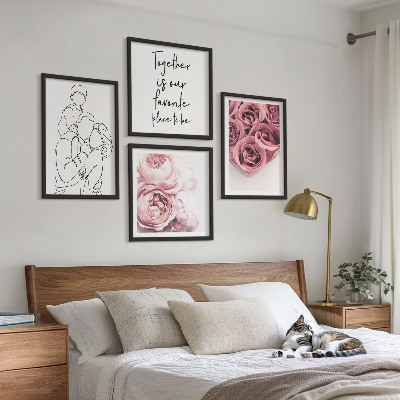 Set of 4 wall art pieces Family line-art rose bouquets