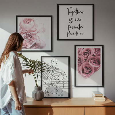 Set of 4 wall art pieces Family line-art rose bouquets