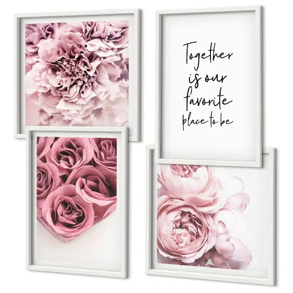 Multi-piece wall decor set featuring a floral rose bouquet and home text design