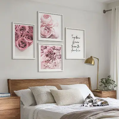 Multi-piece wall decor set featuring a floral rose bouquet and home text design