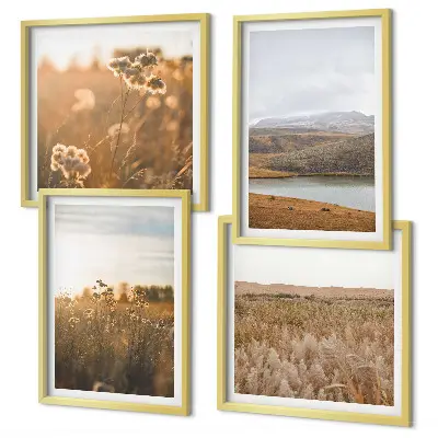 Set of 4 wall art pieces featuring landscape scenes of meadows mountains and a lake