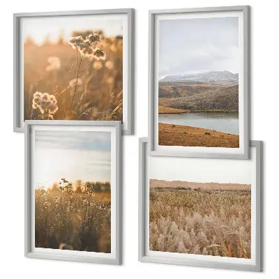 Set of 4 wall art pieces featuring landscape scenes of meadows mountains and a lake