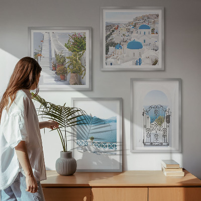Set of 4 wall art pieces White stairs plants sea