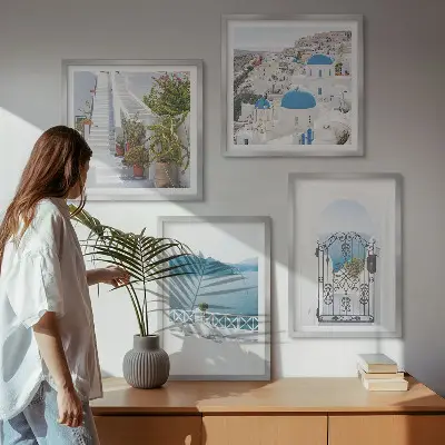 Wall art set of 4 white stairs with plants and sea scenery