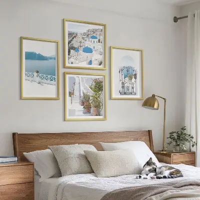 Wall art set of 4 white stairs with plants and sea scenery