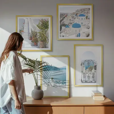 Wall art set of 4 white stairs with plants and sea scenery