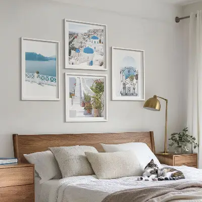 Wall art set of 4 white stairs with plants and sea scenery