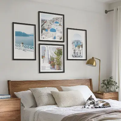 Wall art set of 4 white stairs with plants and sea scenery
