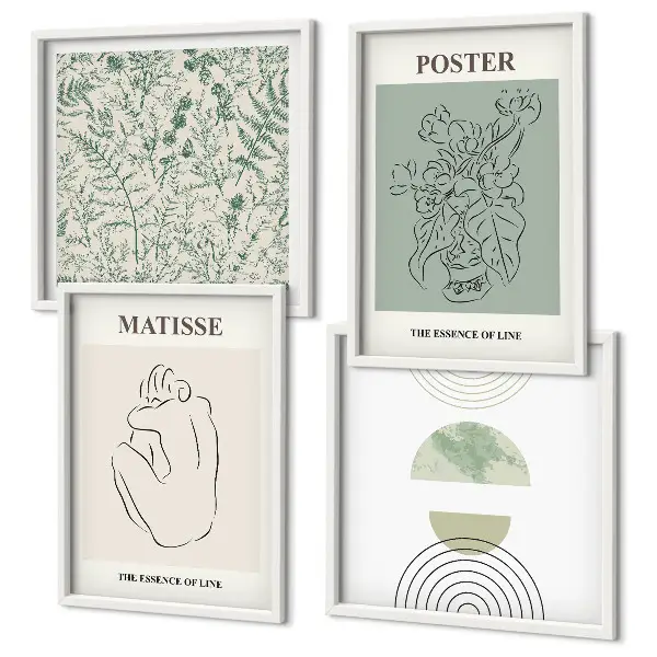Set of 4 wall art pieces with botanical line art and minimalist patterns