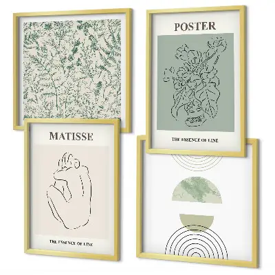 Set of 4 wall art pieces with botanical line art and minimalist patterns
