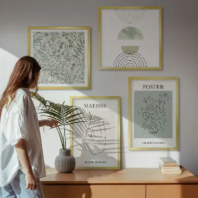 Set of 4 wall art pieces with botanical line art and minimalist patterns