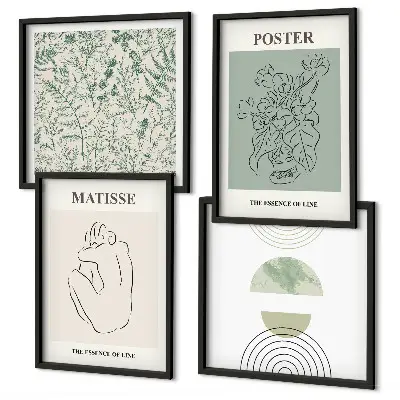 Set of 4 wall art pieces with botanical line art and minimalist patterns